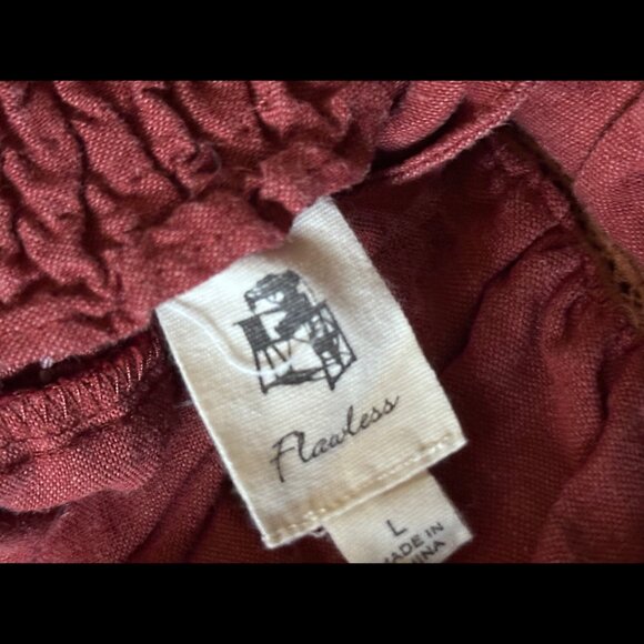 Flawless Mini Dress Large Womens Red Flax Linen Shoulder Tie Beaded Trim Smocked - Picture 5 of 6